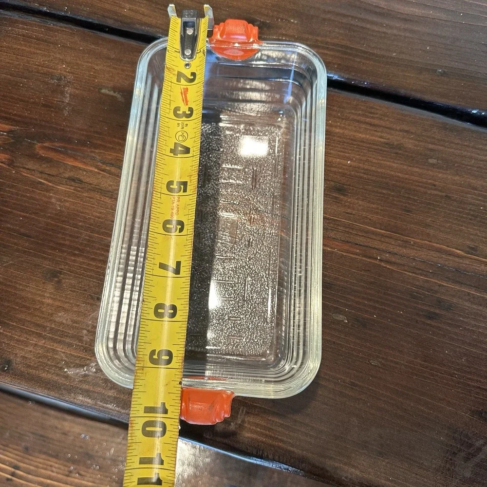 Vintage GLASBAKE #59 Clear Glass Loaf Pan Baking Dish Ornate Orange Handles USA